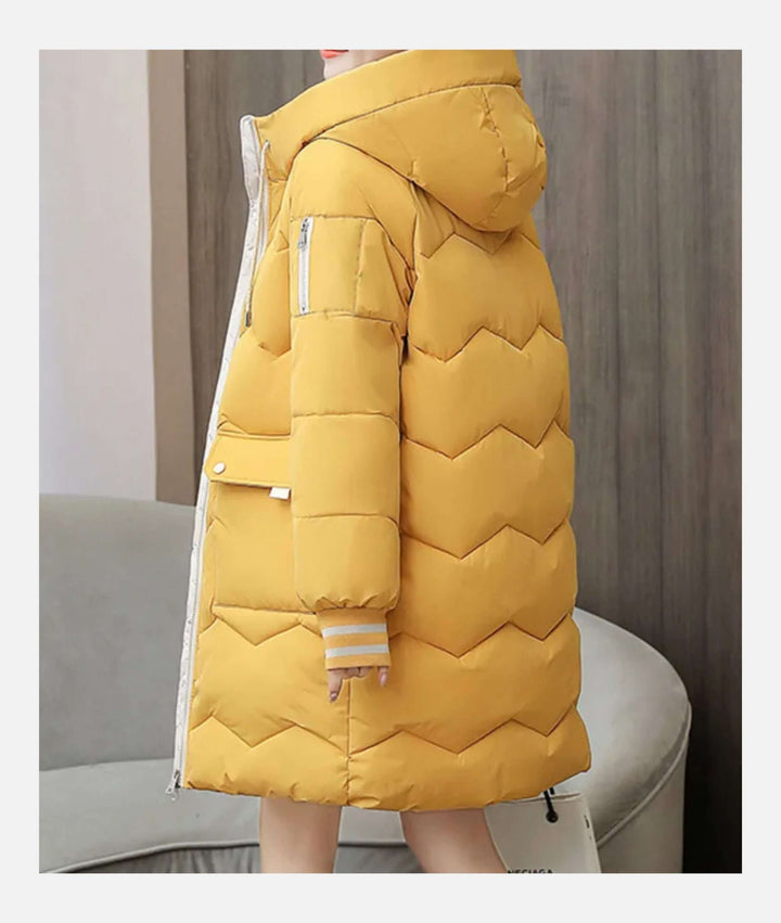 Long women's elegant winter coat, warm outerwear designed for comfort & style.