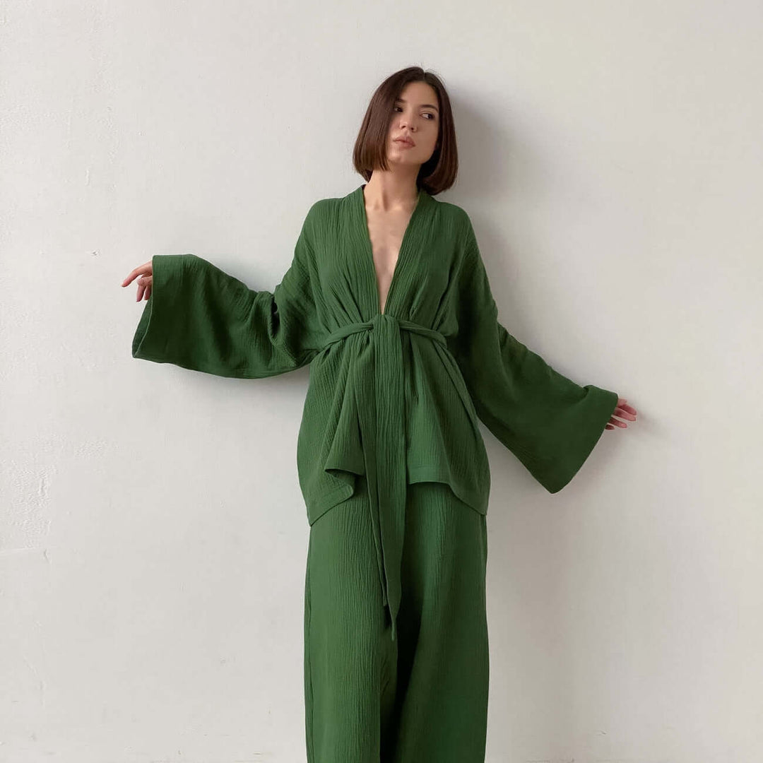 Women's V-Neck Top & Wide-Leg Trousers Set