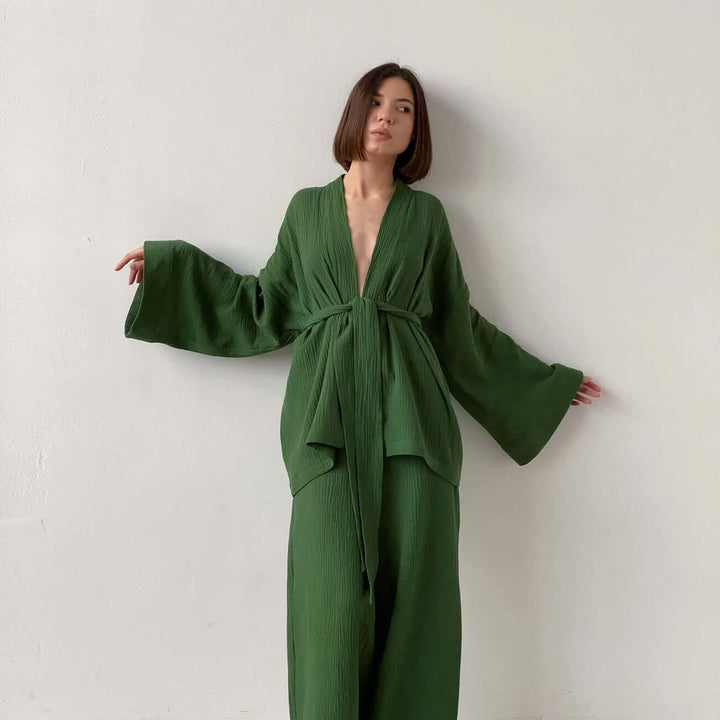 Women's V-Neck Top & Wide-Leg Trousers Set