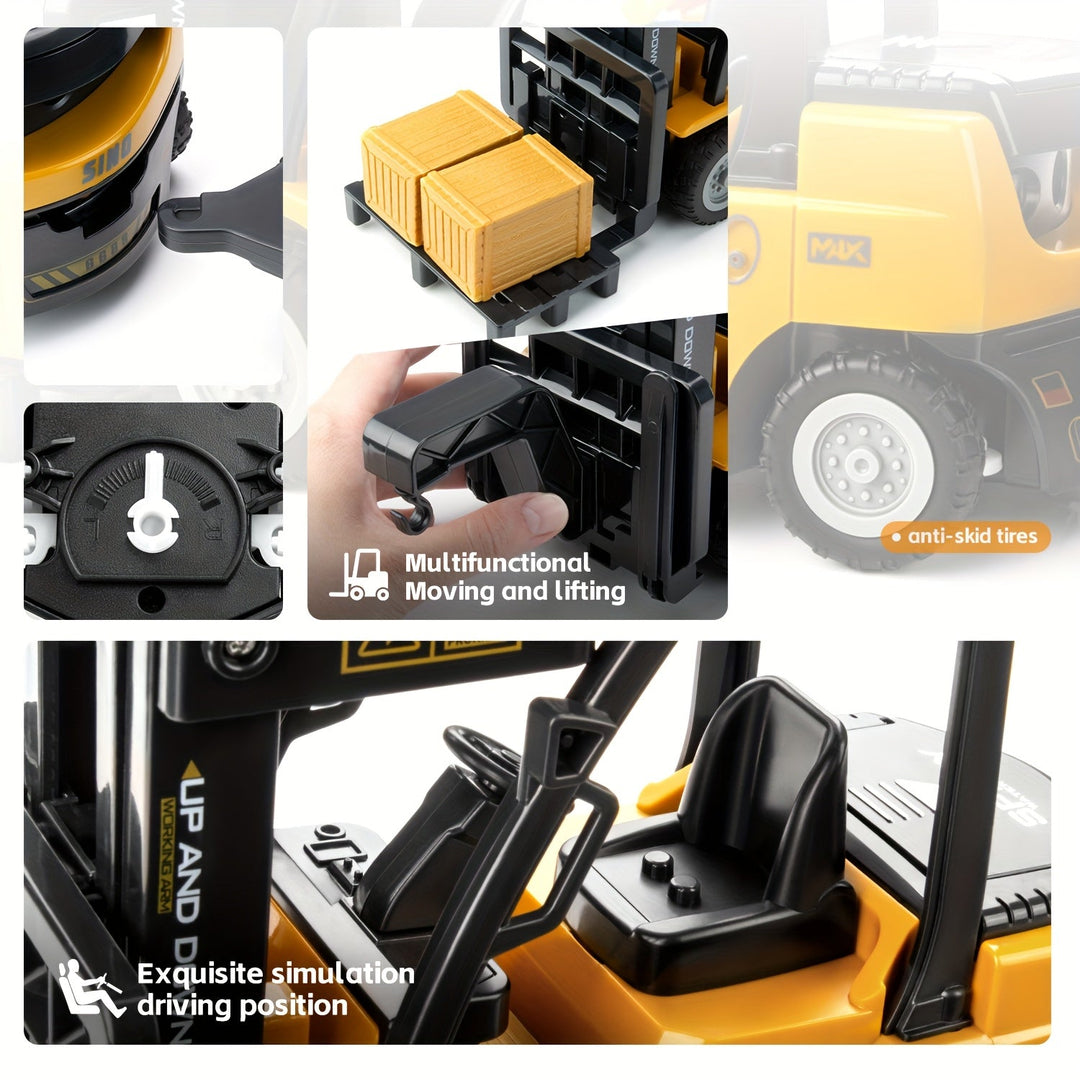 Gift-ready kids' 1:24 scale remote control forklift toy, with bright lights & detachable trailer.