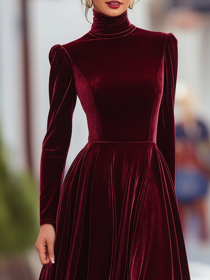 Burgundy high-waist pleated mock neck longline dress for women, ideal as an evening gown or formal wear.