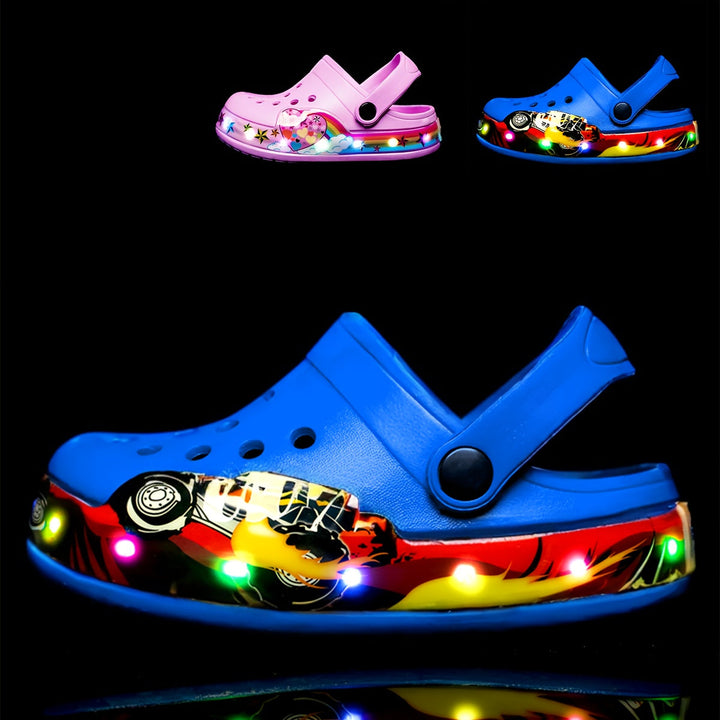 Kids' glow-in-the-dark clogs, breathable, anti-slip for summer fun & water play.