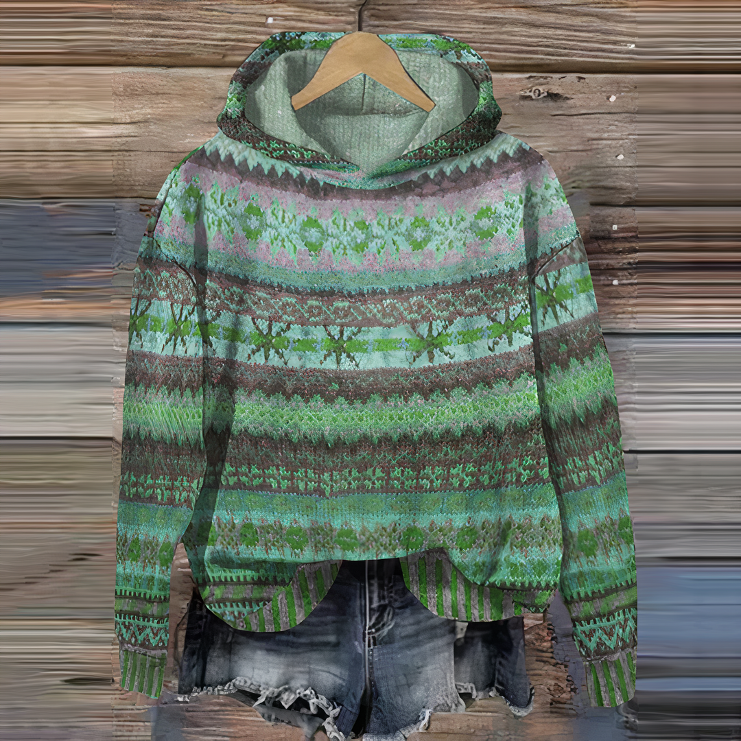 Stylish women's Fair Isle print pullover hoodie. Relaxed fit, cozy for casual wear & winter fashion.