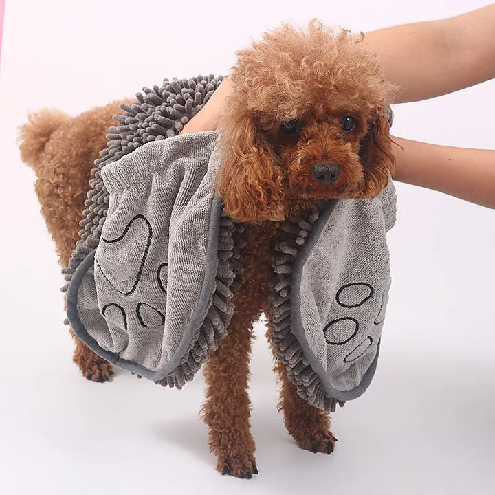 Absorbent quick-dry microfiber dog towel glove with paw embroidery, ideal for pet grooming and bath time.