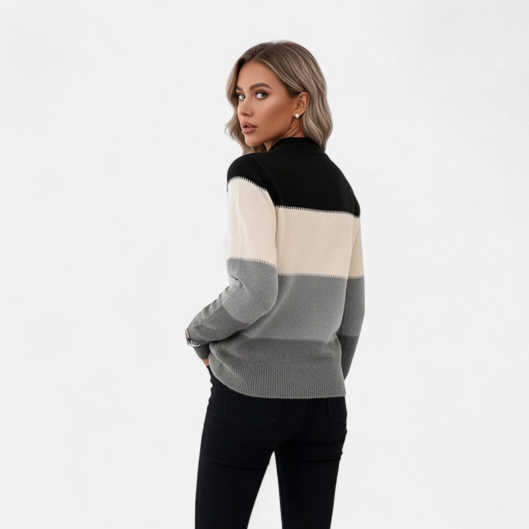 Stylish women's striped crew neck pullover, an essential layering piece for spring & fall.