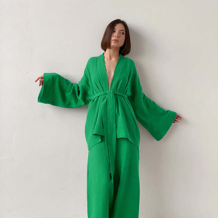 Women's V-Neck Top & Wide-Leg Trousers Set