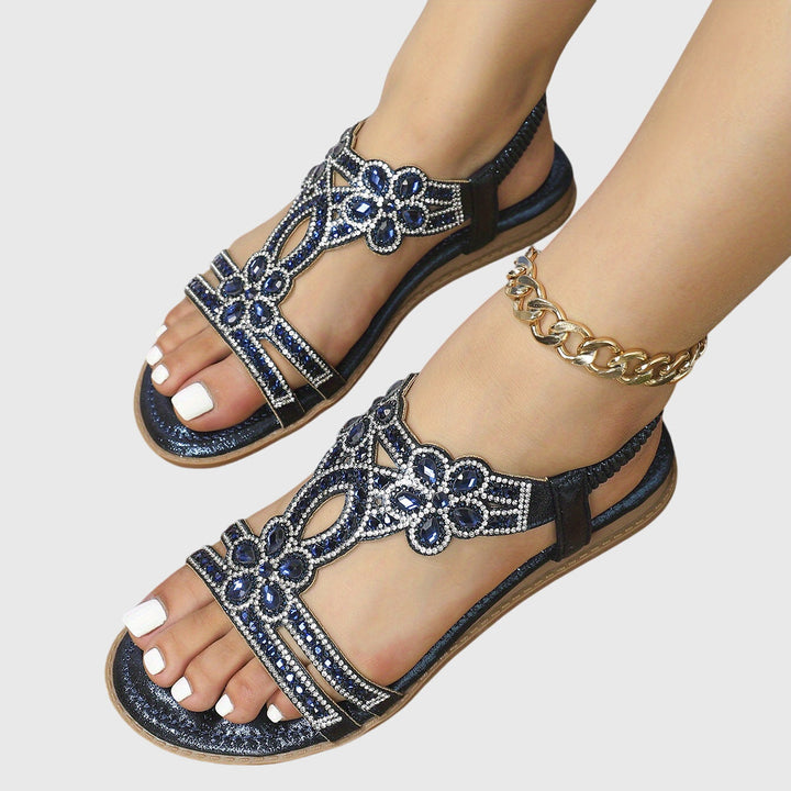 Women's fashionable orthopedic sandals, back strap, decorative stone detail, pain relief.