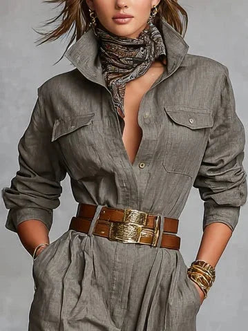 Comfortable & chic women's jumpsuit. Elegant long sleeve, relaxed fit for spring, summer, or autumn casual wear.