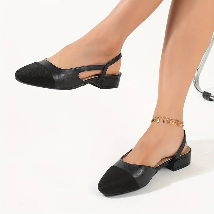 Everyday wear women's slingback ballerinas, comfortable beige & black classic style flats.