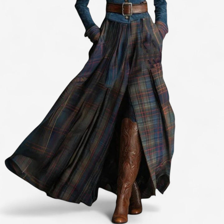 Women's elegant denim blue midi dress, bohemian checked pattern, long sleeves. A comfortable belted casual fall dress.