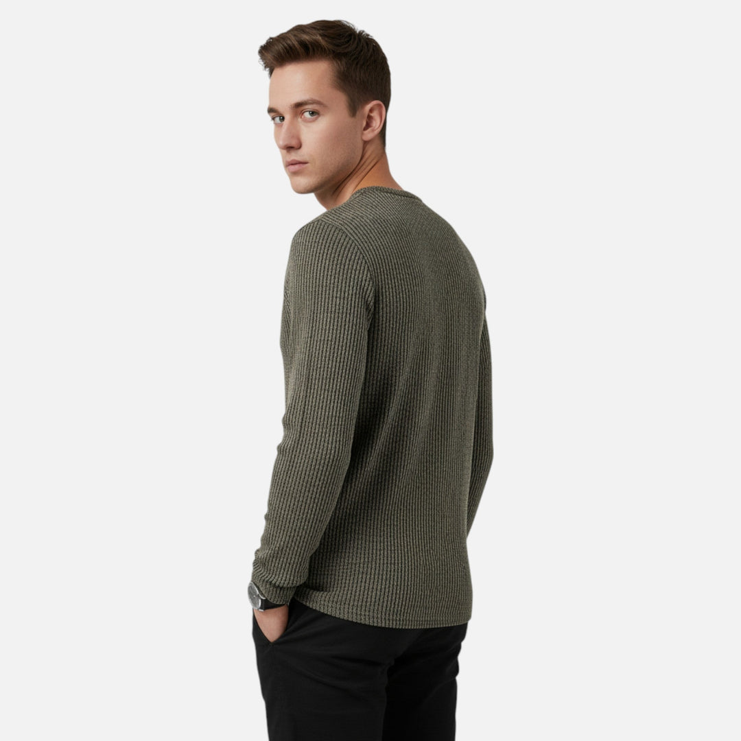 Stylish men's cable-knit henley pullover. Ideal for casual wear, everyday style, and cozy comfort.