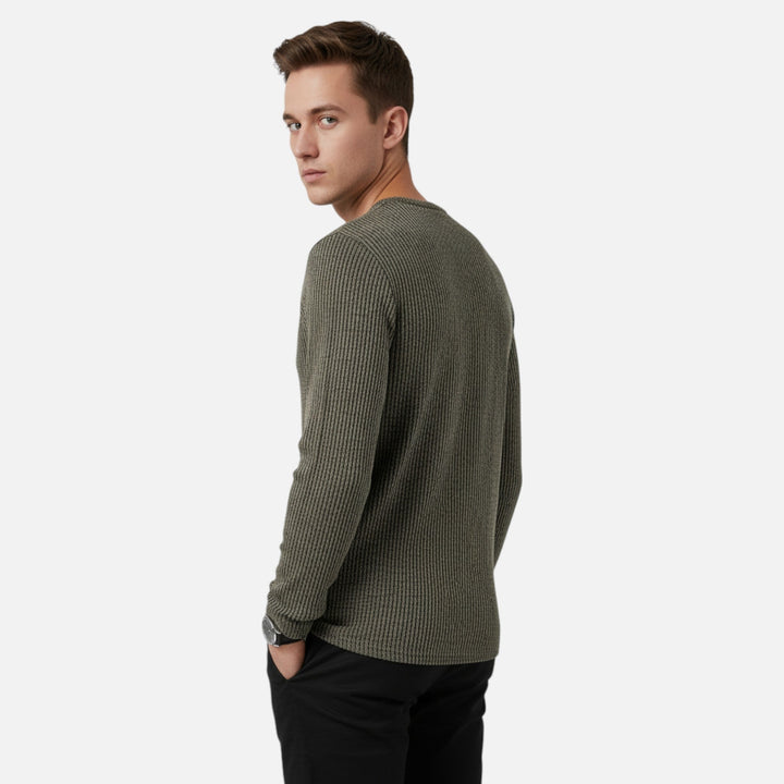 Stylish men's cable-knit henley pullover. Ideal for casual wear, everyday style, and cozy comfort.