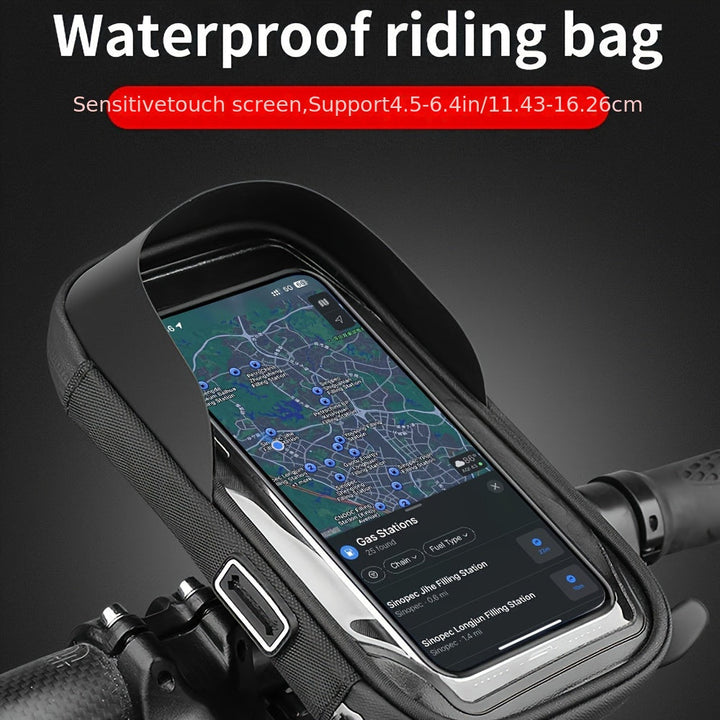 Black waterproof bicycle & motorcycle phone holder with 360° rotation. Ideal for navigation.