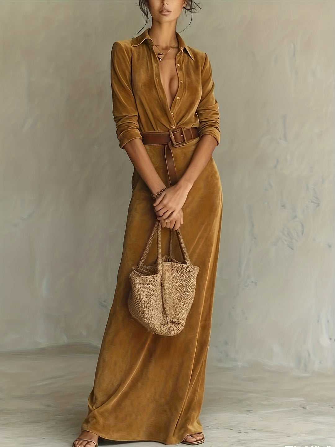 Long sleeve button front midi dress with a flattering belt for sophisticated women's fashion.