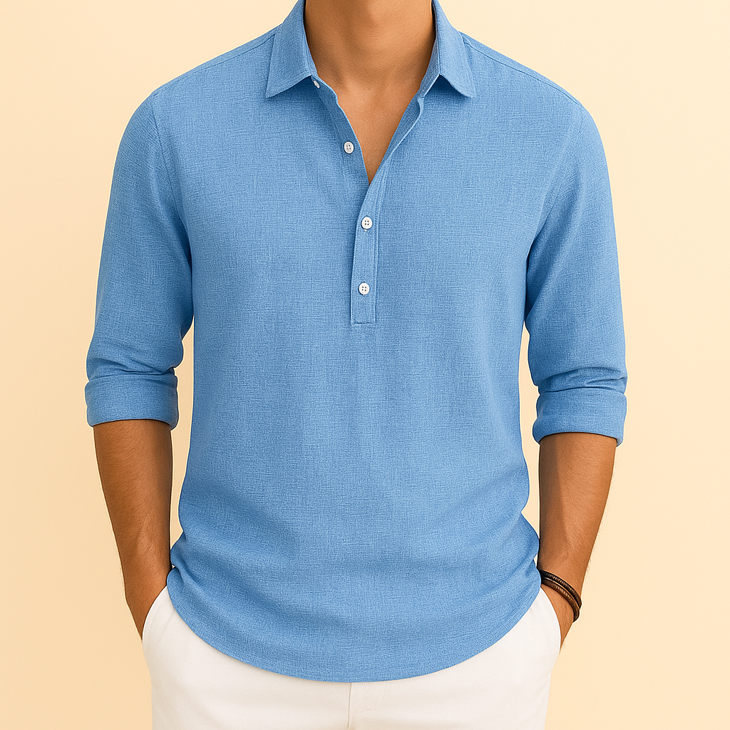 Relaxed fit men's long sleeve polo. Button neck top, perfect for casual style & comfortable everyday wear.