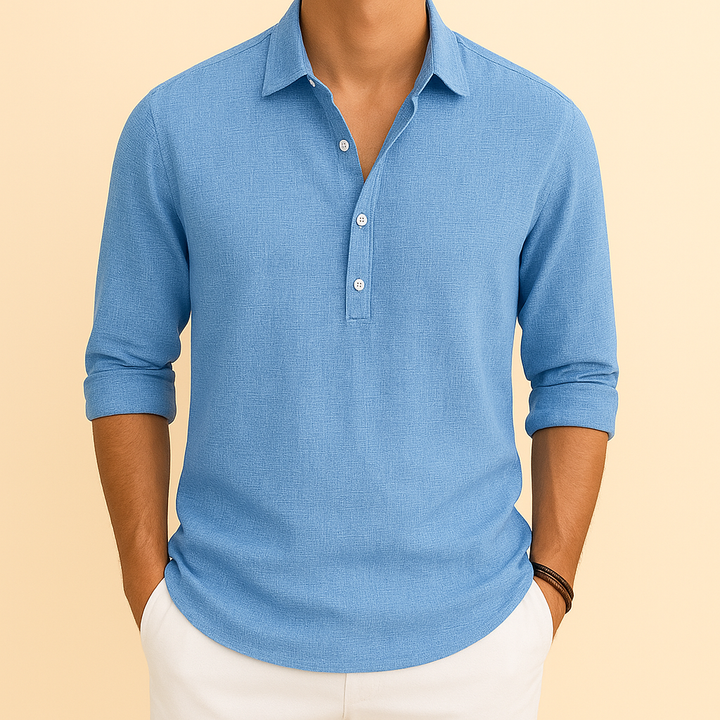 Relaxed fit men's long sleeve polo. Button neck top, perfect for casual style & comfortable everyday wear.