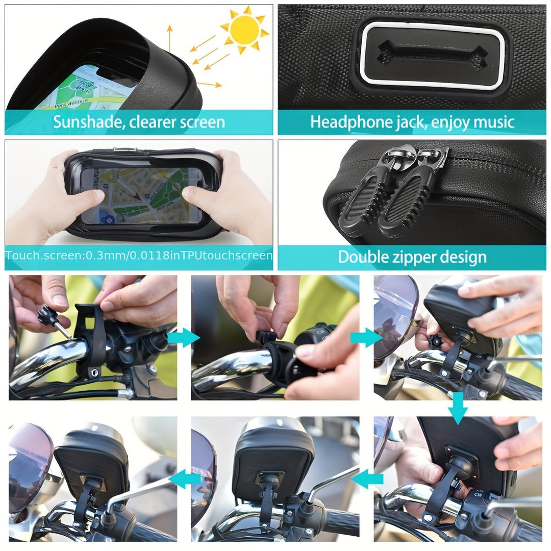 Black weatherproof bike phone mount for navigation. Universal, 360° rotation, waterproof.
