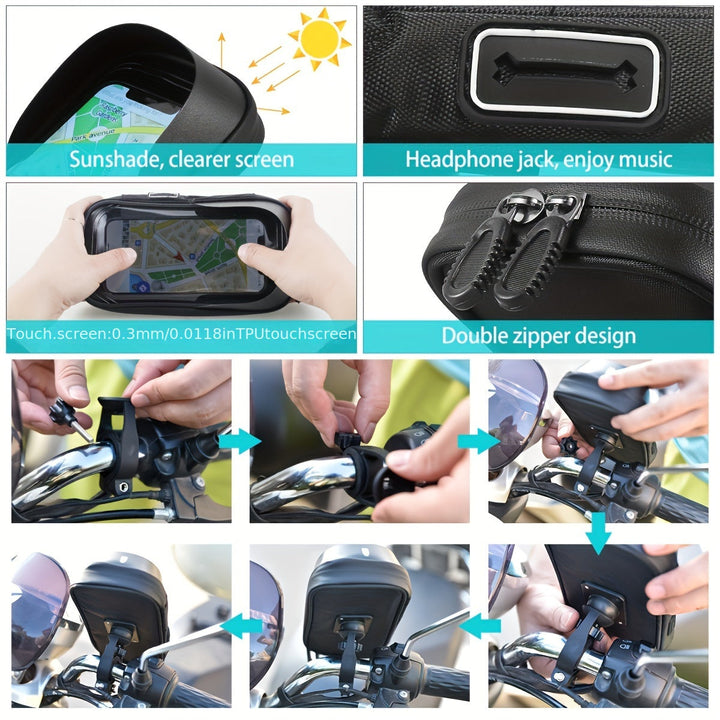 Black weatherproof bike phone mount for navigation. Universal, 360° rotation, waterproof.