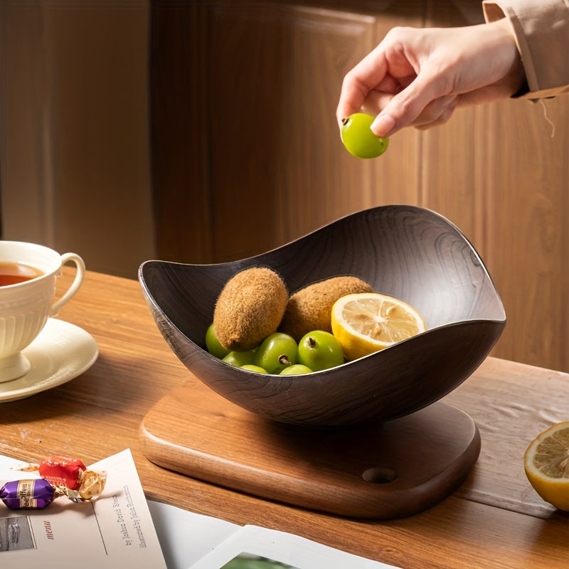 Dark brown wood look fruit bowl, large and decorative for kitchen or dining table.