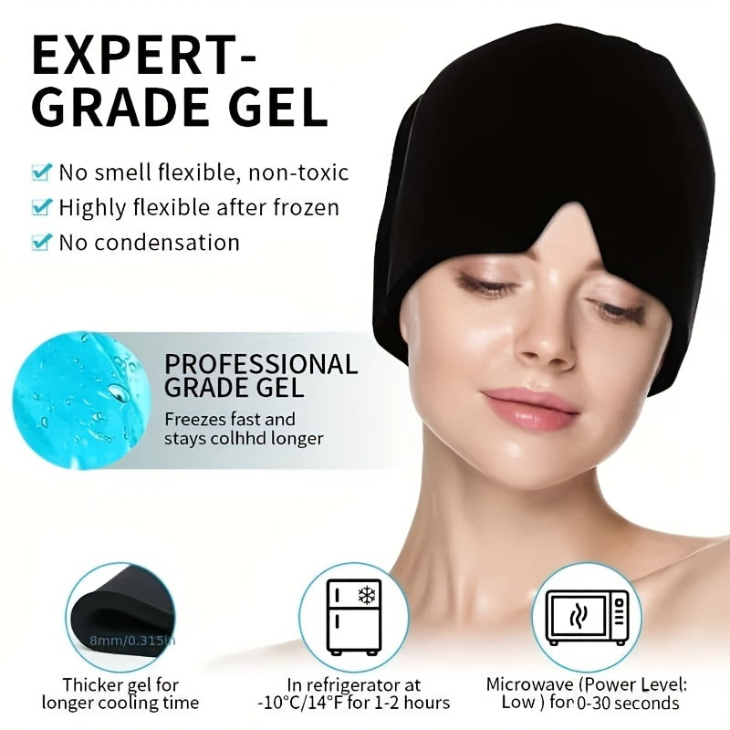 Wearable cooling gel migraine hat, providing comforting relief for headaches, fever, and fatigue.