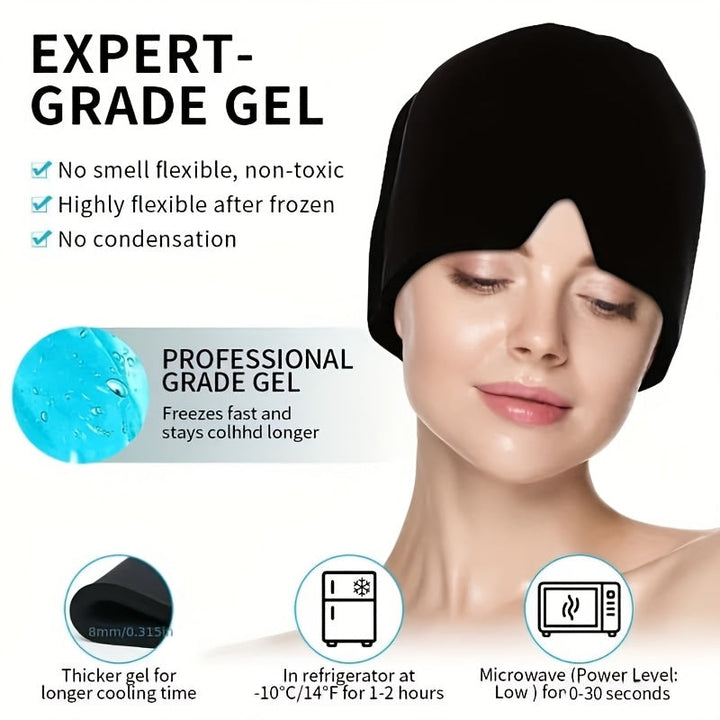 Wearable cooling gel migraine hat, providing comforting relief for headaches, fever, and fatigue.