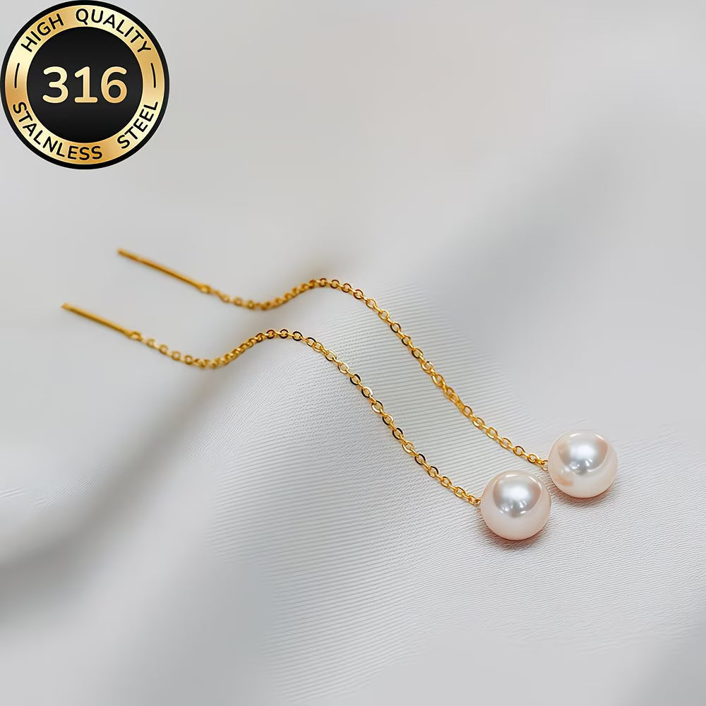 Elegant women's long pearl tassel earrings. Dangle fashion jewellery, perfect accessory for a sophisticated look.