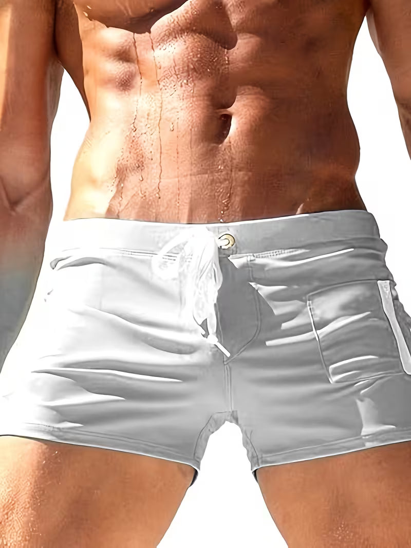 Contemporary men's swimwear: modern boxer swim trunks with a secure zipper pocket, great for men's summer fashion.