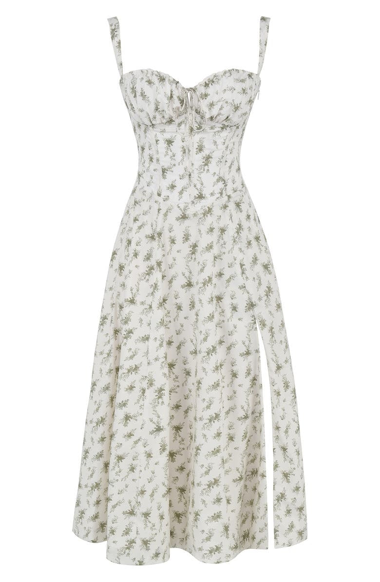 Bustier style floral midi dress for women, elegant and fashion-forward. Heart neckline design.
