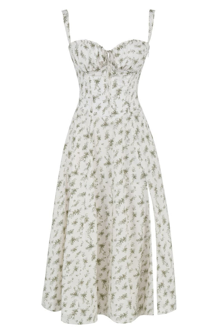 Bustier style floral midi dress for women, elegant and fashion-forward. Heart neckline design.