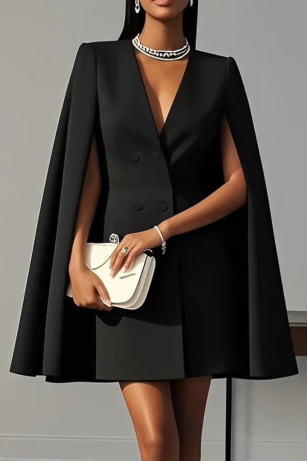 Women's elegant V-neck mini dress featuring a double-breasted front and chic cape sleeves. Occasion wear.