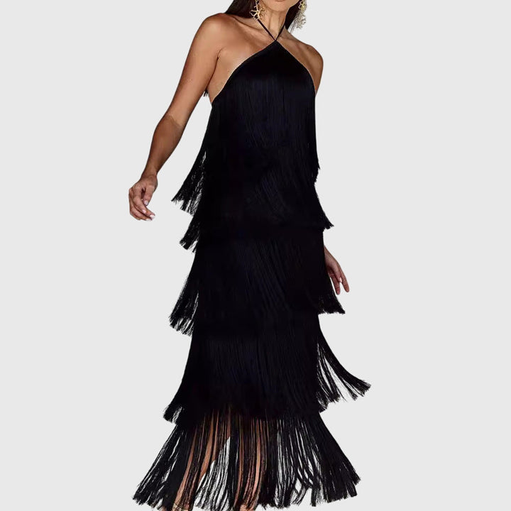 Flowing elegant women's halter tassel dress, perfect for dancing at parties or special occasions.