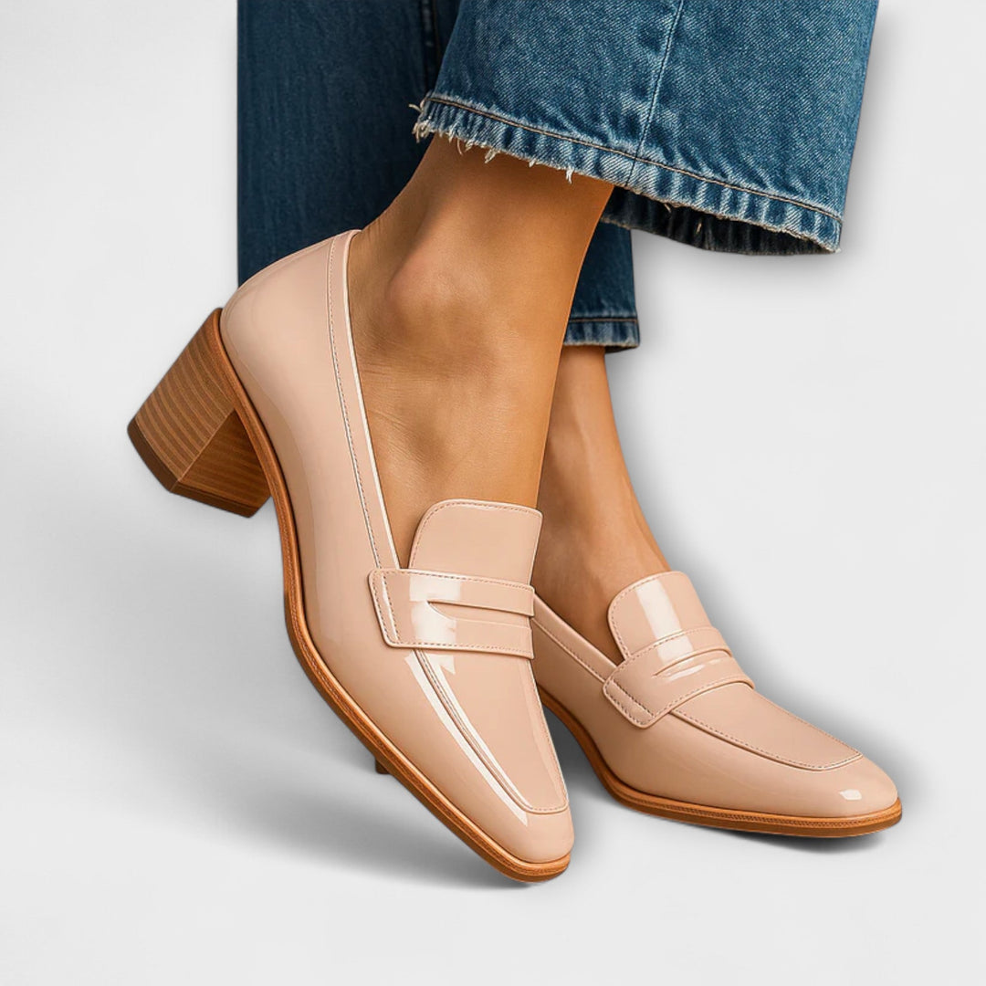 Modern women's shiny statement loafers, slip-on style with square toe & block heel. Elegant office & versatile fashion.