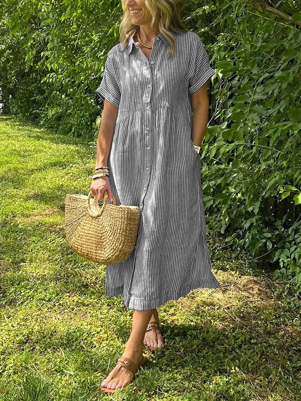 Versatile women's elegant striped maxi shirt dress; comfortable long button-down for classic summer style.