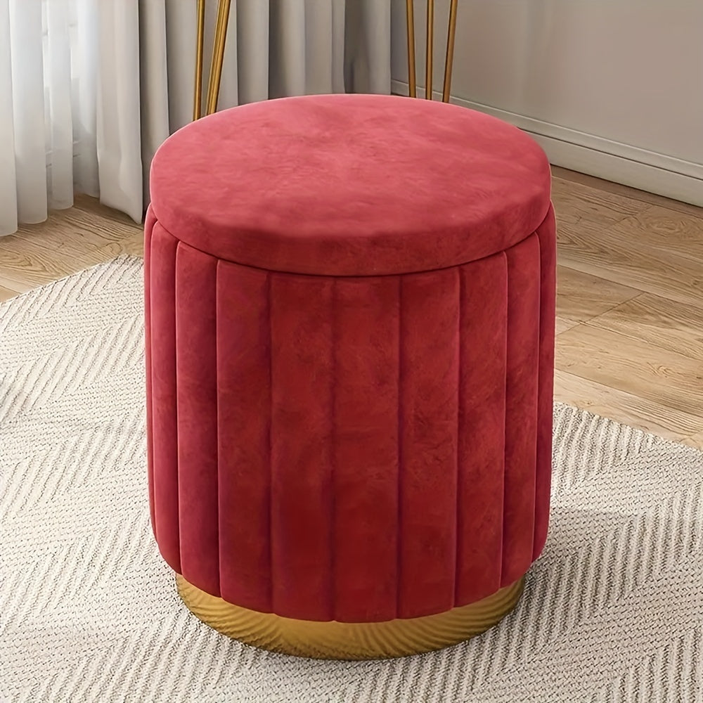 Versatile round pouf, storage compartment, mirrored accent for hallways.