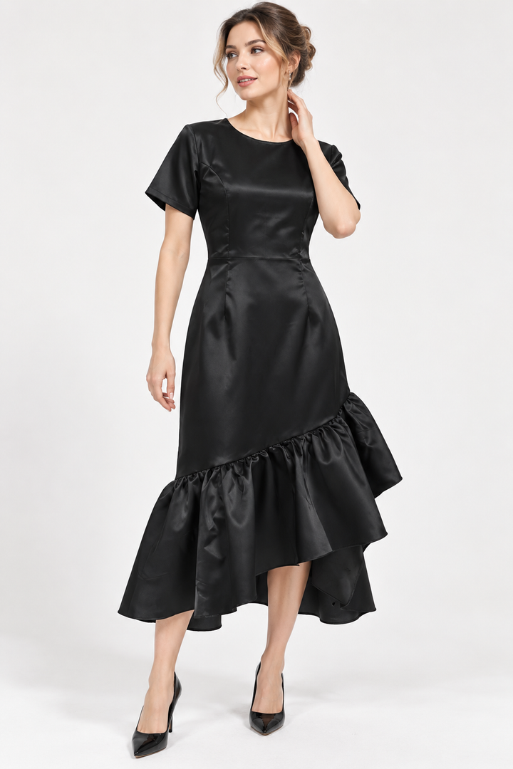 Stylish asymmetric ruffle cocktail dress for women, ideal as a wedding guest outfit or formal wear.