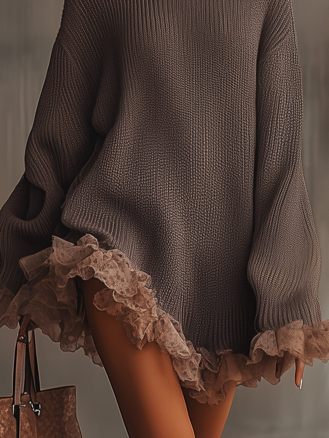 Classic women's midi dress, elegantly pleated with a comfortable turtleneck and versatile ruffled hem design.
