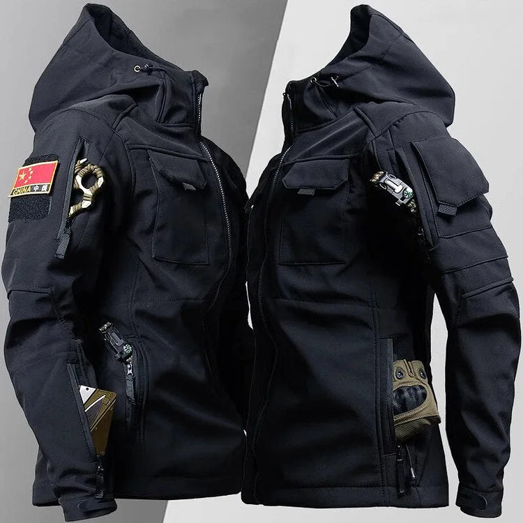 Versatile men's tactical jacket, military-style with hood, offering ultimate outdoor protection & utility.