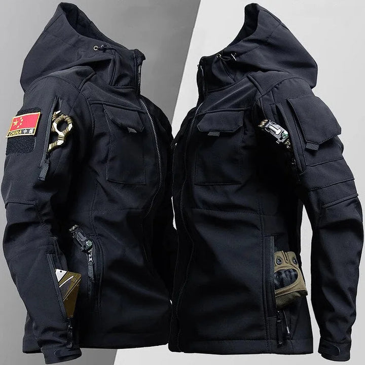Versatile men's tactical jacket, military-style with hood, offering ultimate outdoor protection & utility.