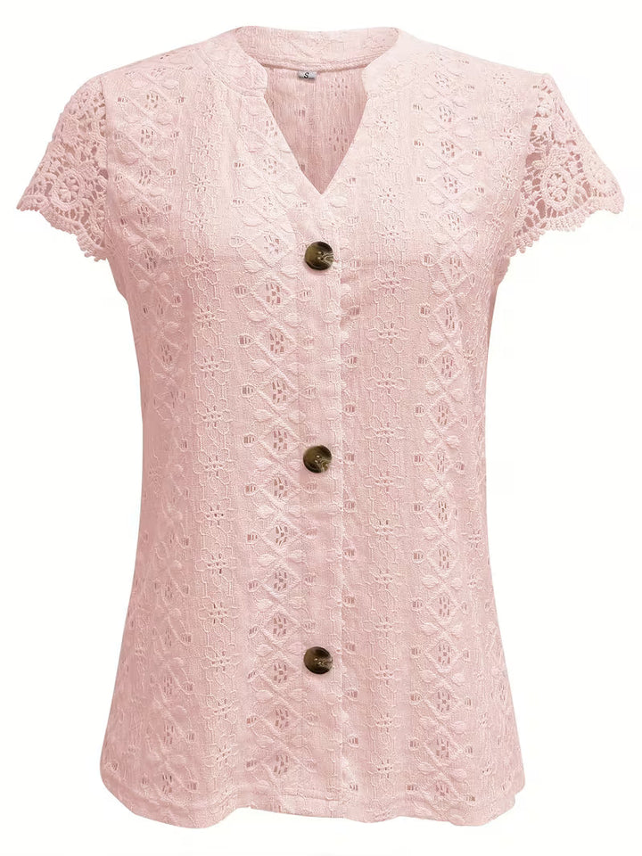 Women's short-sleeve V-neck shirt, button-up summer top for a relaxed yet elegant everyday look.