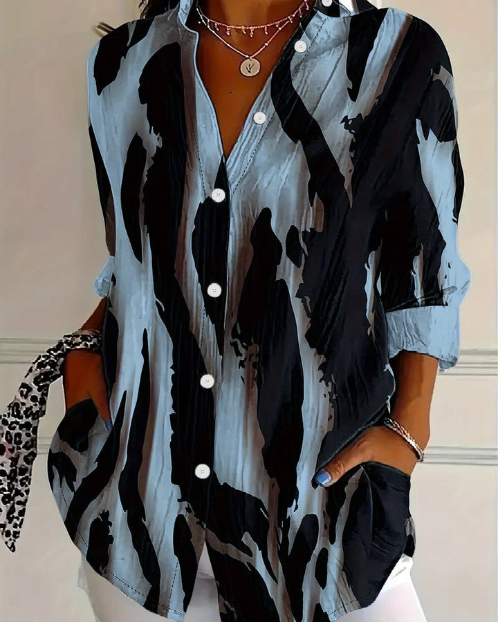 Women's spring/autumn fashion blouse: irregular print, stand collar, long sleeves, comfortable casual wear.