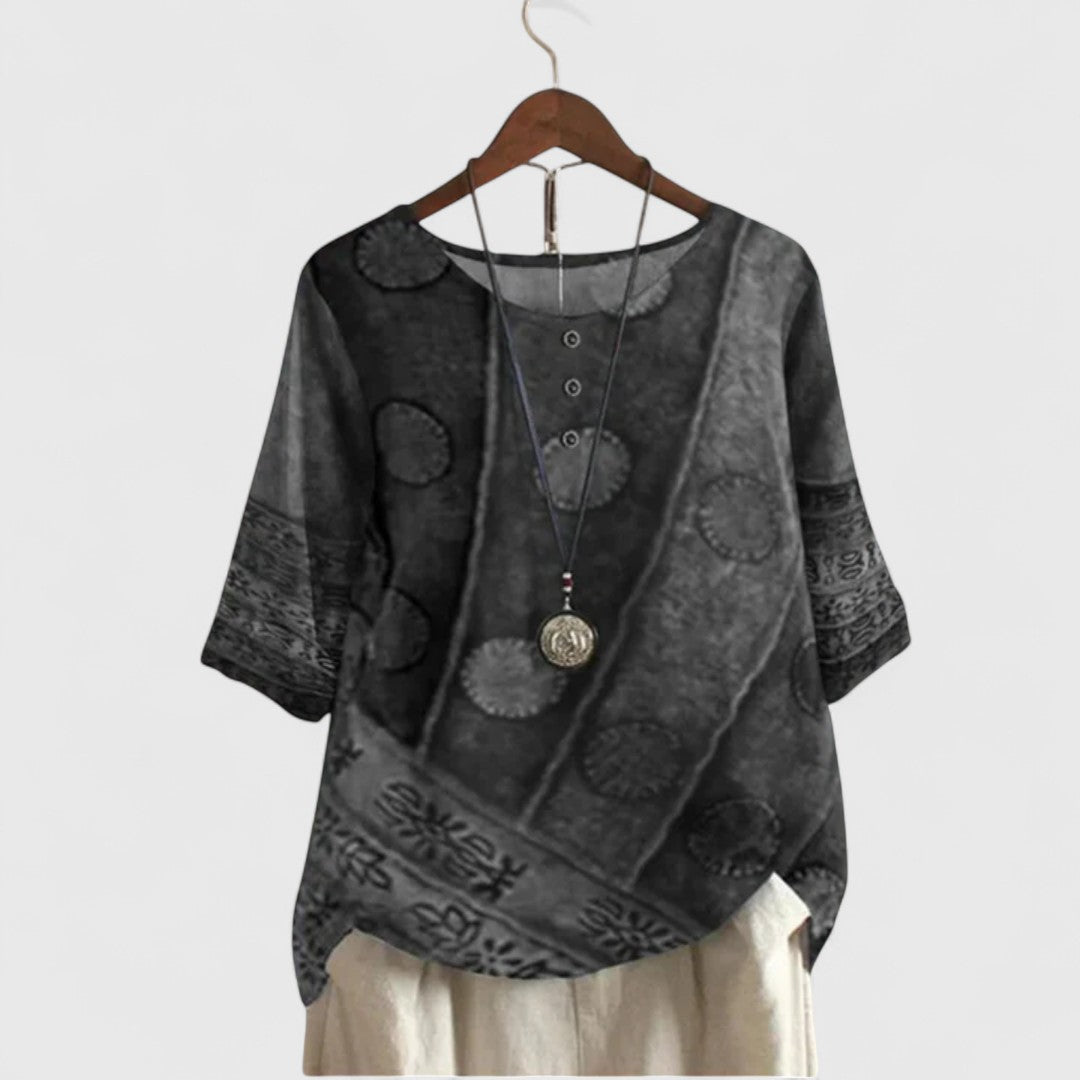 Colorful women's bohemian patchwork print top for casual wear, spring fashion, or stylish travel comfort.