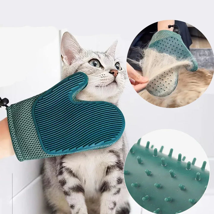 2-in-1 cat grooming & massage glove for gentle deshedding and relaxing pet care. Removes loose fur easily.