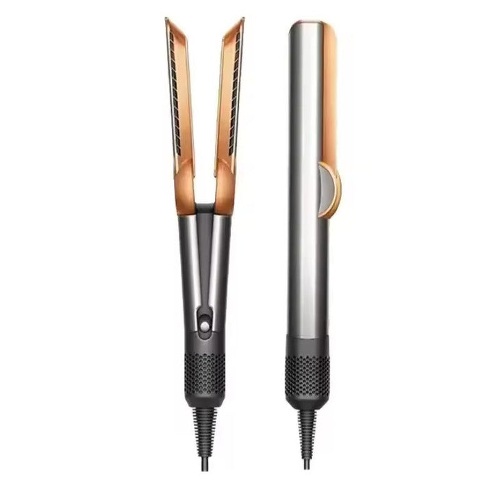 "2-in-1 hair dryer and straightener in blue and gold-gray, sleek design, with customizable heat settings, lightweight for tra