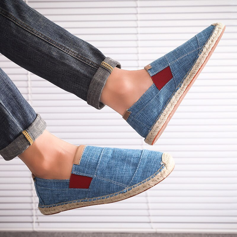 Comfortable men's espadrille flats with woven jute sole. Easy slip-on style for spring & summer.