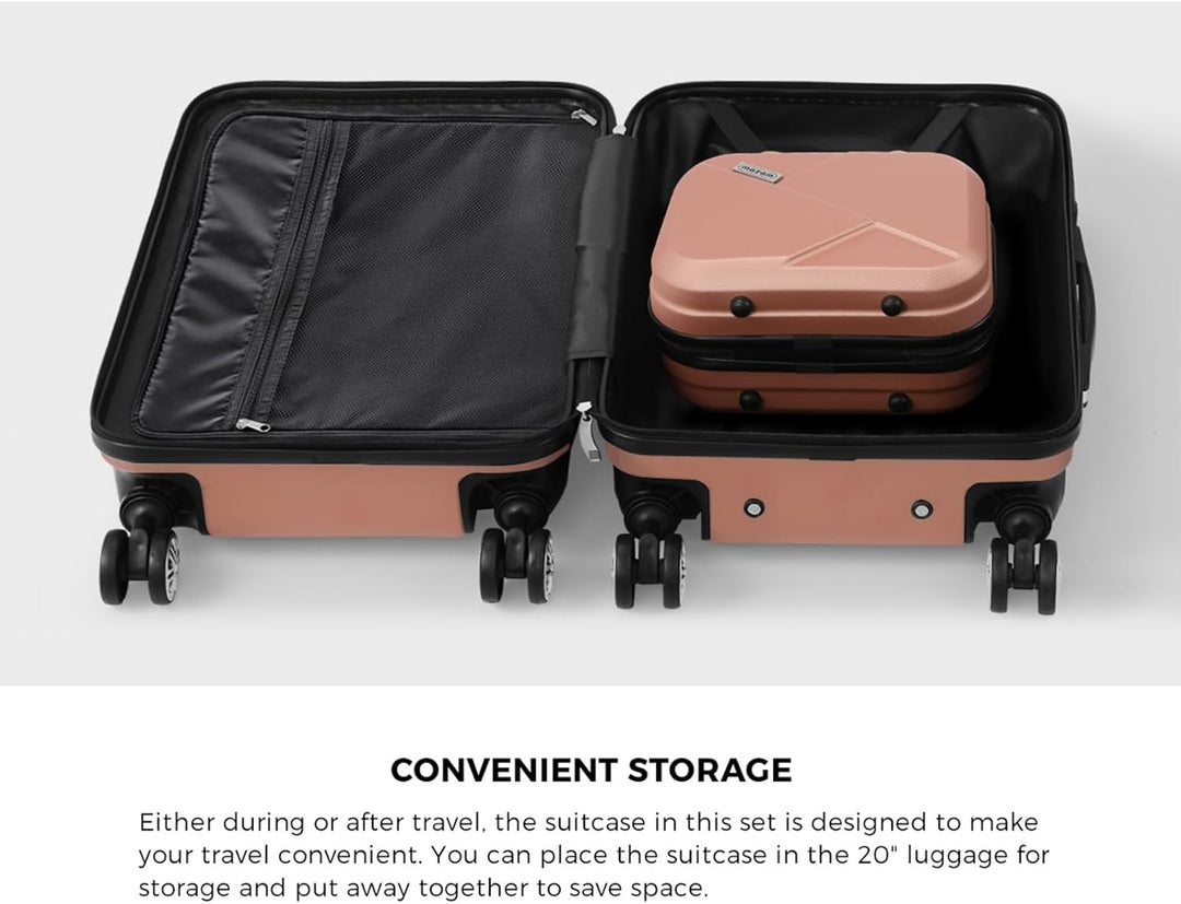 Hard shell carry-on luggage set with 360° spinner wheels, perfect for secure airport navigation.