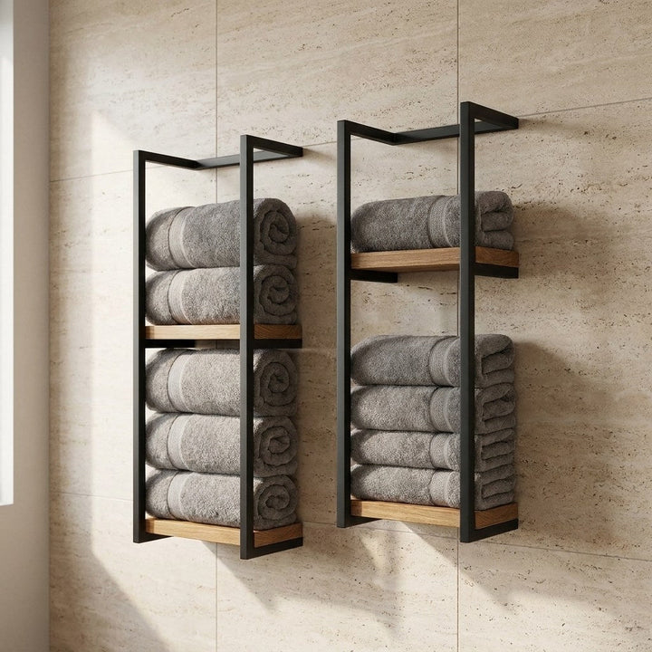 Modern 2-tier wall-mounted towel rack, perfect for organizing bathroom towels and saving space.