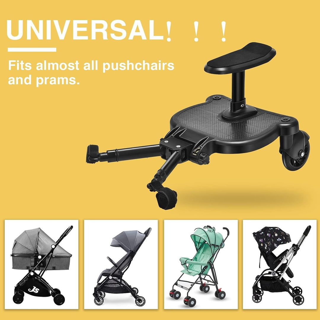 "2-wheel buggy board with seat for strollers, black with 360° swivel wheels, removable seat, non-slip platform, suits toddler