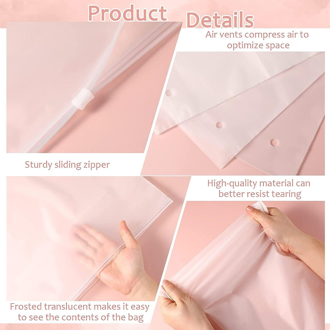 Stack of 20 frosted multi-purpose zip storage bags for garments, travel, & home organization.