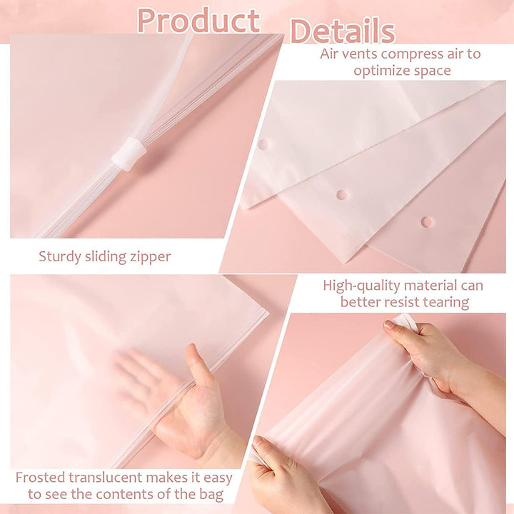Stack of 20 frosted multi-purpose zip storage bags for garments, travel, & home organization.