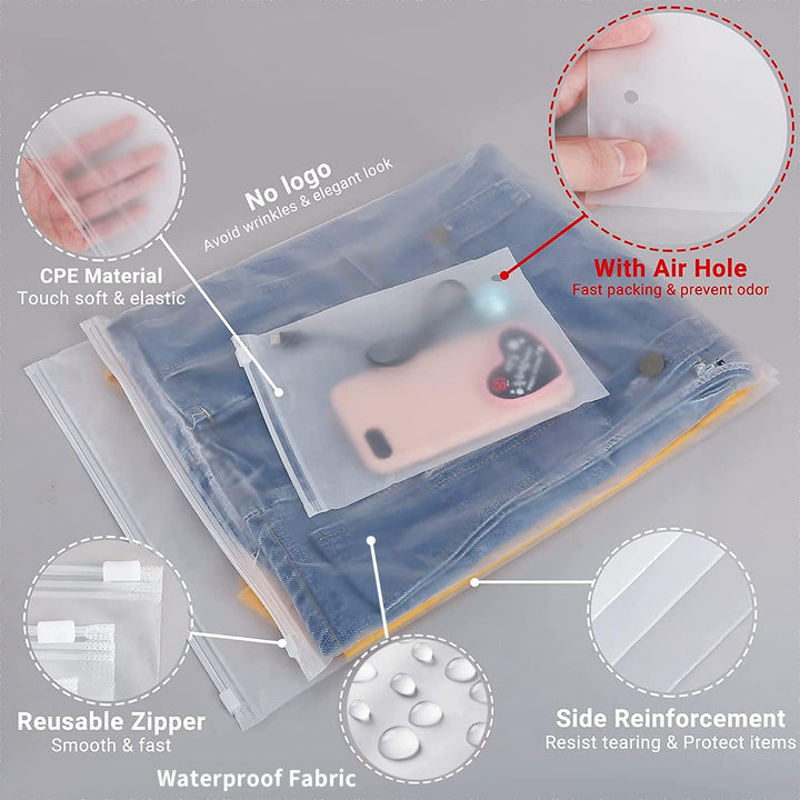 Reusable frosted zip bags, 20-pack, perfect for travel packing & suitcase organization.